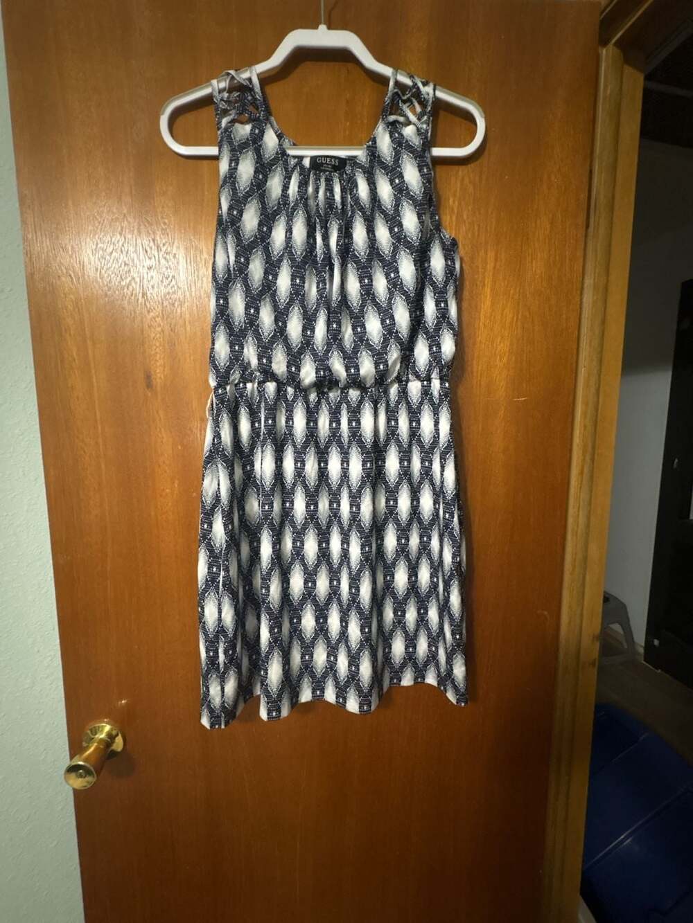 Guess Sleeveless Blue and White Diamond Pattern Dress with Cutout Straps